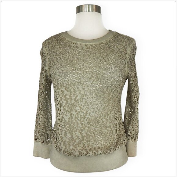 We The Free People Olive Green Distressed Hole Sheer 3/4 Sleeve Top New NWOT S - Picture 1 of 3